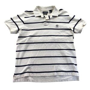 Chaps Mens Polo Shirt Large Blue White Striped Stretch Nautical Classic Casual